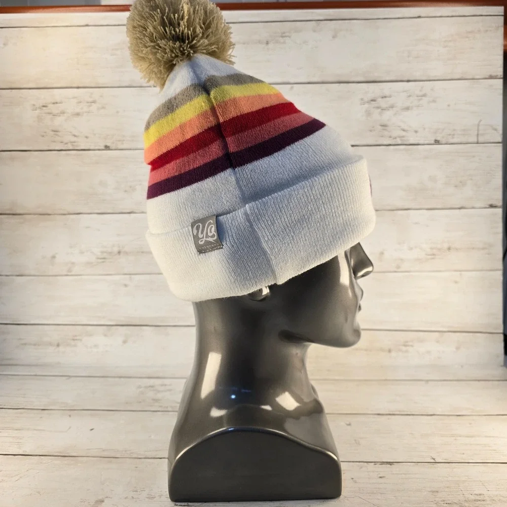 Yo Colorado Beanie Hat White Multi Stripe Pom Pom Cuffed Knit Cap Retro Style